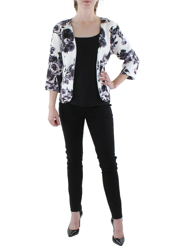 Petites Womens Knit Floral Collarless Blazer