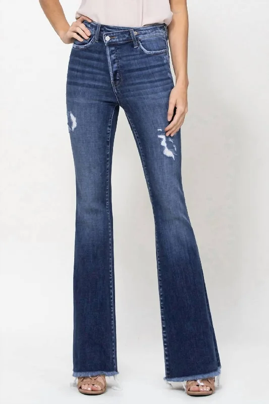 Asymmetric Waistband Flare Jeans In Dark Blue Wash