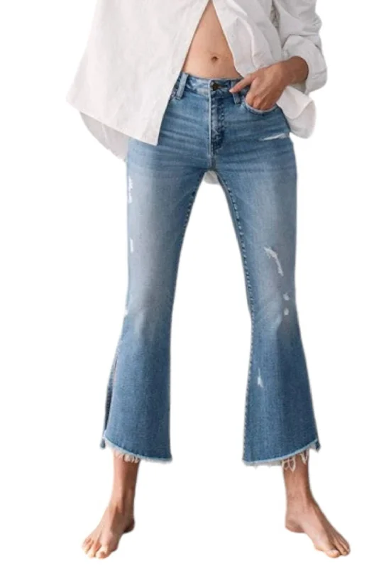 Mid Rise Crop Flare With Slit Jeans In Blue