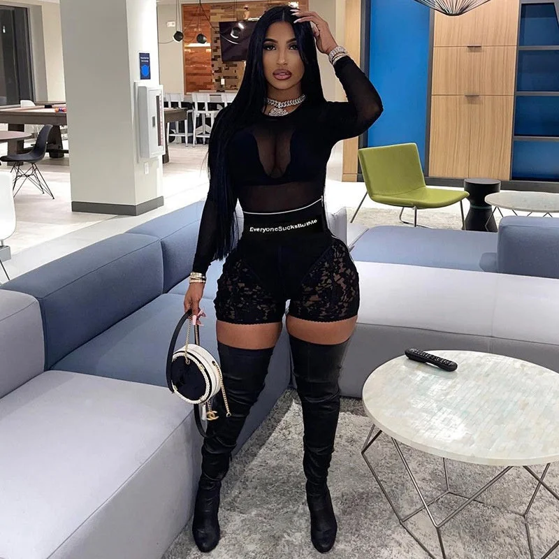 Hot Sale Nightclub Lady High Waist Zipper Shorts See Through Patchwork Pants Women Letter Black Lace Shorts