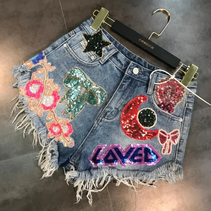 OUDINA Hot Selling Heavy Industry Patch Raw Edge Sequins Fashion Women's Denim Shorts For Woman