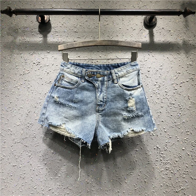 OUDINA Korean Ripped Denim Shorts For Women Bale Casual Slim Hot Pants Women Hole Denim Shorts